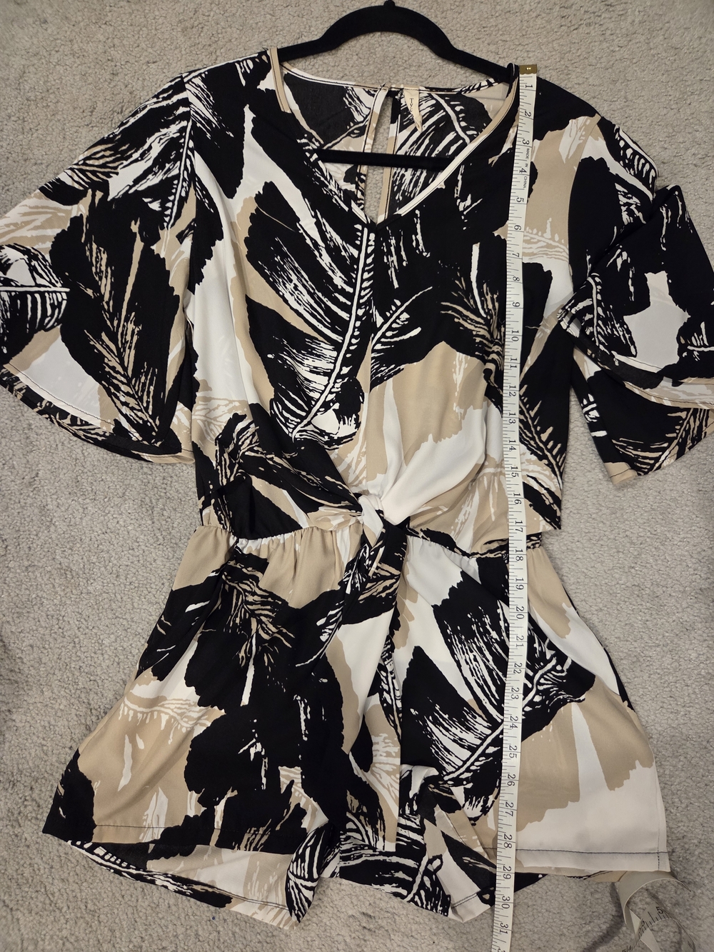 Tyche Black White & Beige Abstract Print Short Sleeve Tie-Front Romper